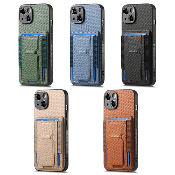 iPhone 17 Skal - Kolfiber med Fällbart Ställ och Elastisk Kortficka Grön