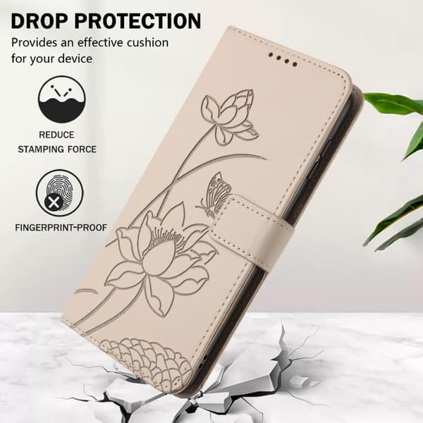 iPhone 18 Pro Max / iPhone 17 Pro Max Skal Läderfodral med Lotus Prägling och Lanyard Beige
