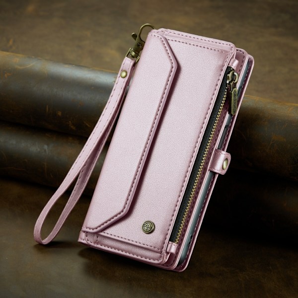 Samsung Galaxy S22 5G Skal CaseMe C36 med kortfack, dragkedja, RFID-skydd, läder Rosa