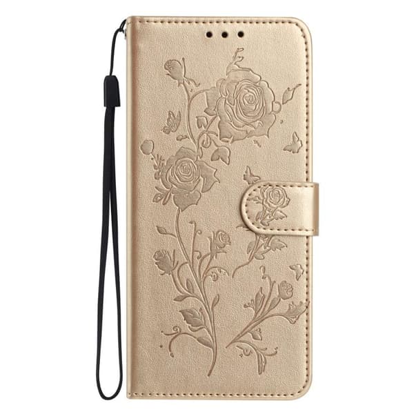 iPhone 18 Pro Max / iPhone 17 Pro Max Skal läderfodral med rosblomma präglad mönster Guld