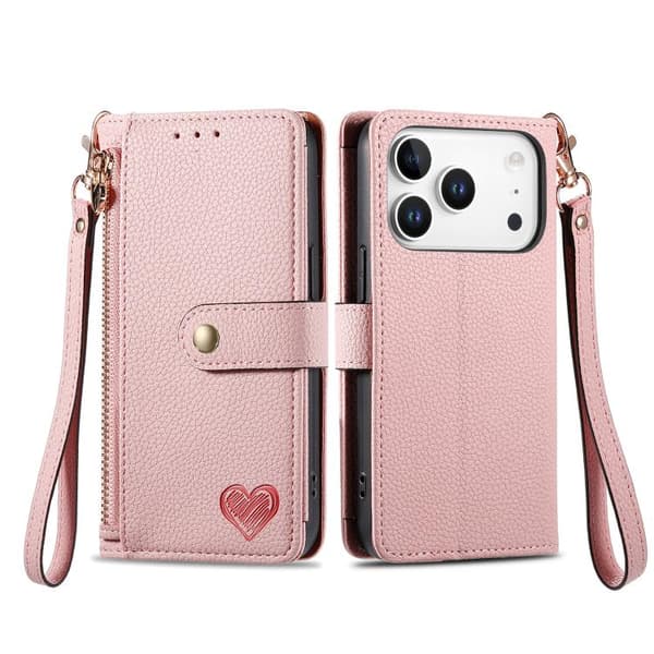 iPhone 18 Pro Max / iPhone 17 Pro Max Skal Läderfodral med Kärlek Zipper Lanyard Rosa