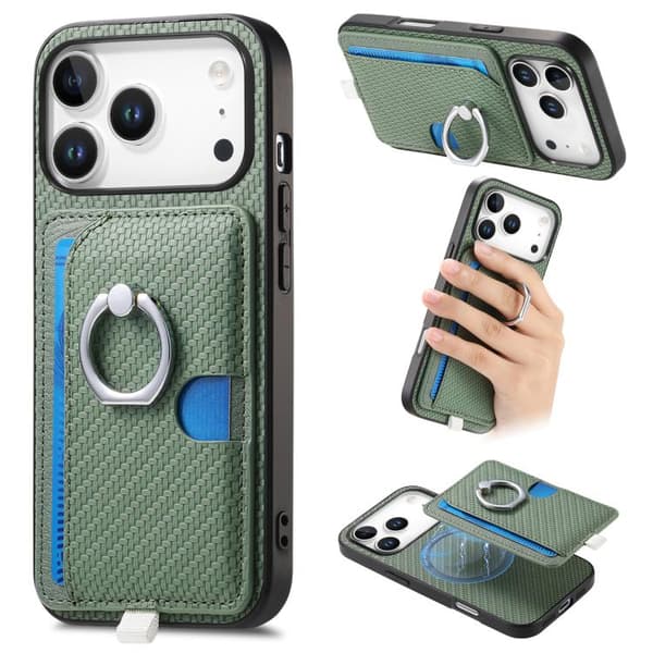 iPhone 18 Pro / iPhone 17 Pro Skal med kolfiber ring och MagSafe kortfack Grön