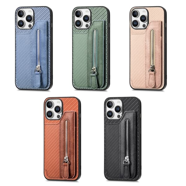 iPhone 16 Pro Kolfiber Horisontell Flip Dragkedja Skal Blå