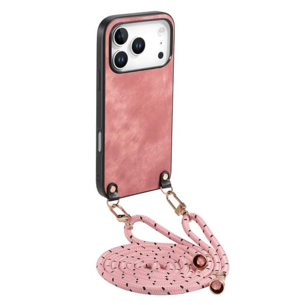 iPhone 18 Pro Max / iPhone 17 Pro Max Skal - Vintage Läder med Crossbody Rem Rosa