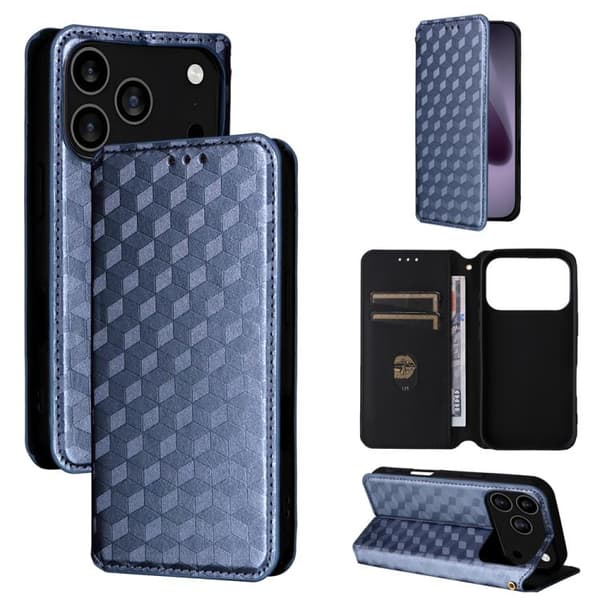 iPhone 18 Pro Max / iPhone 17 Pro Max Skal läderfodral med kubisk rutmönster Blå