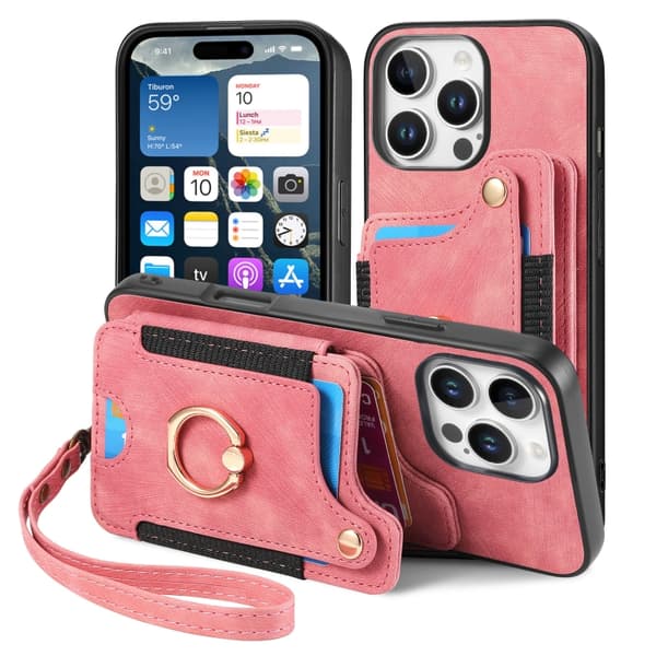 iPhone 16 Pro Retro Skinnkänsla Ring Multi-kort Plånboks Skal Rosa