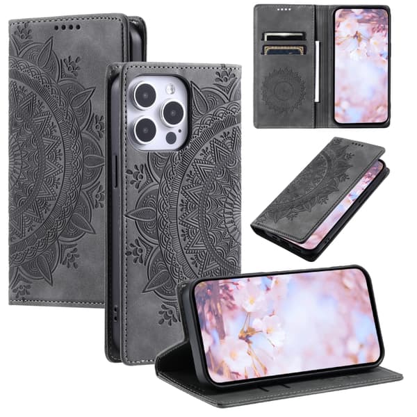 iPhone 16 Pro Max Totem Prägad Magnetisk Läder Skal - Elegant Fodral för iPhone 16 Pro Max Grå