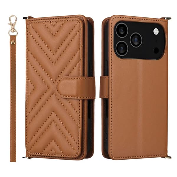 iPhone 18 Pro Max / iPhone 17 Pro Max Skal Läderfodral med Multifunktionella 6-Kortsplatser och Handledsrem Brun