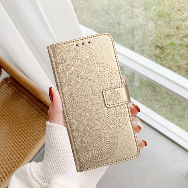 iPhone 17 Pro Max Skal Läderfodral med Blomsterprägling Guld