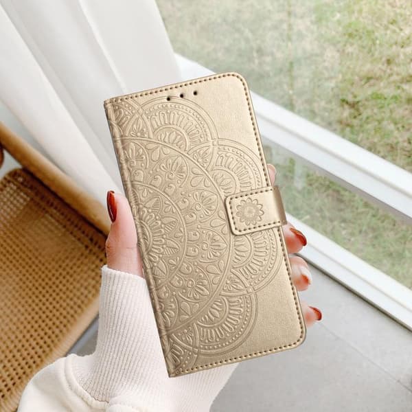 iPhone 18 Pro Max / iPhone 17 Pro Max Skal Läderfodral med Blomsterprägling Guld