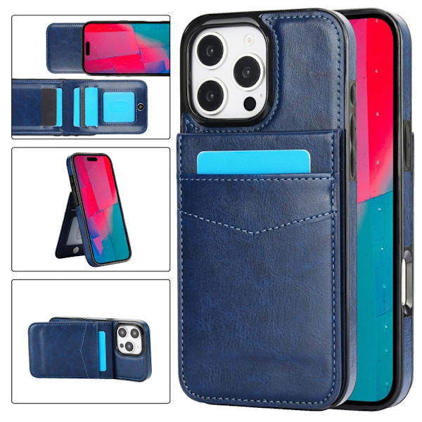 iPhone 16 Pro Solid Color Kortfack Ställ PU Skal Blå