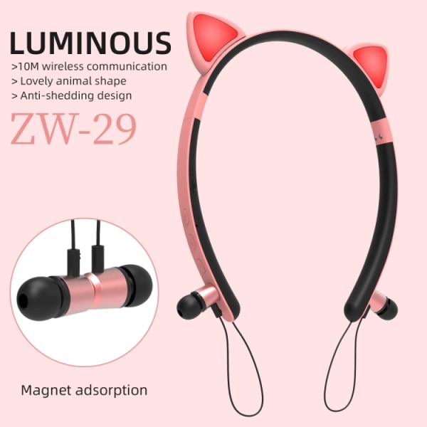 ZW29 Kattöron Stereo Sound HIFI Fashion Utomhus Bärbar Sport Trådlös Bluetooth Headset med Mikrofon & LED-ljus Glowing Rosa