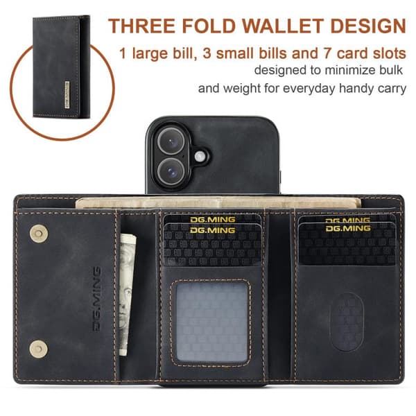 iPhone 17 Skal läderfodral DG.MING M1 Series 3-Fold Multi Card Wallet Svart