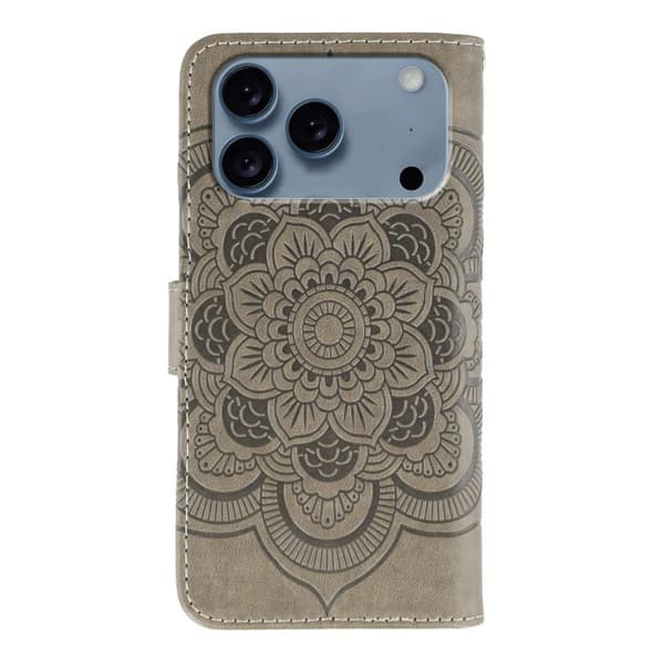 iPhone 18 Pro / iPhone 17 Pro Skal läderfodral med sol mandala präglad design Grå