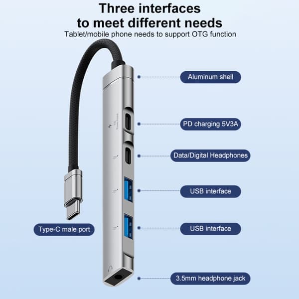 5-i-1 USB-C Multi-funktionshub Adapter (Silver) - Aluminiumlegering, Lätt och Bärbar, Snabb Dataöverföring