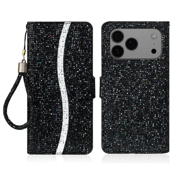 iPhone 17 Pro Max Skal Läderfodral med Glitterpulver Svart