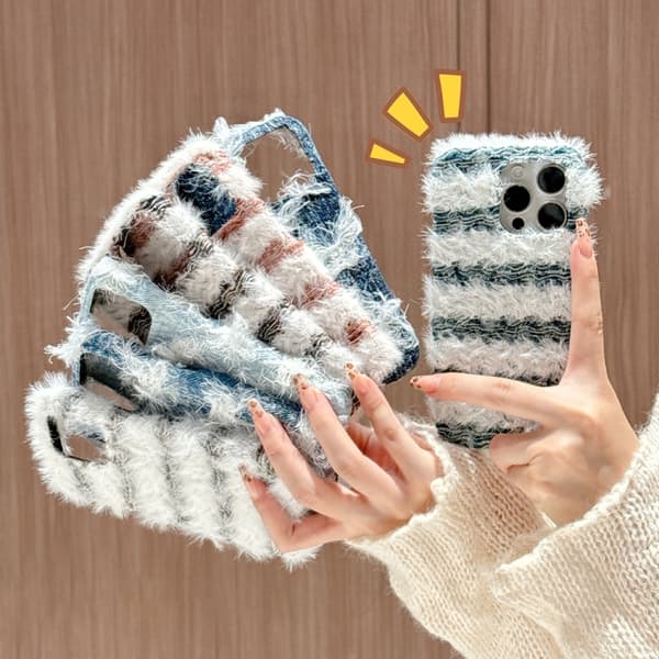 iPhone 16 Pro Max Randig Tyg Plush TPU Skal Rosa