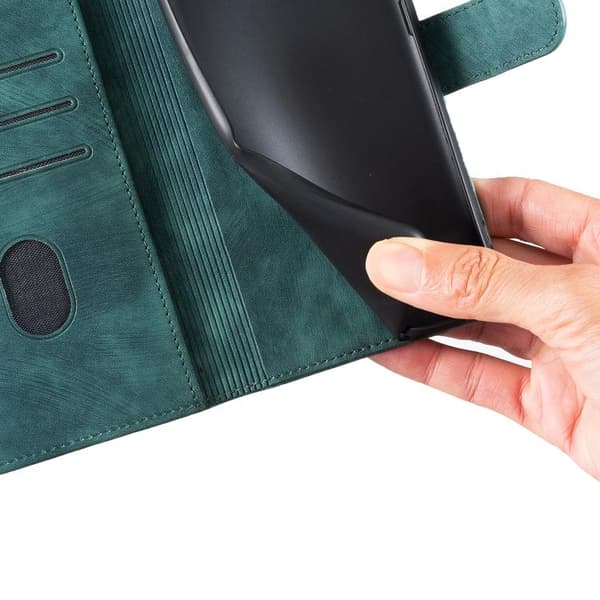 iPhone 18 Pro Max / iPhone 17 Pro Max Skal läderfodral med präglad katt och hjärta Grön