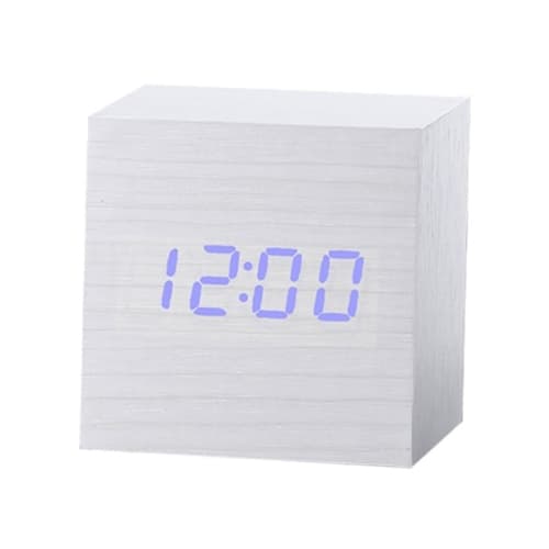Flerfärgad ljudkontroll träklocka modern digital LED skrivbordsalarmklocka termometer timer vit blå