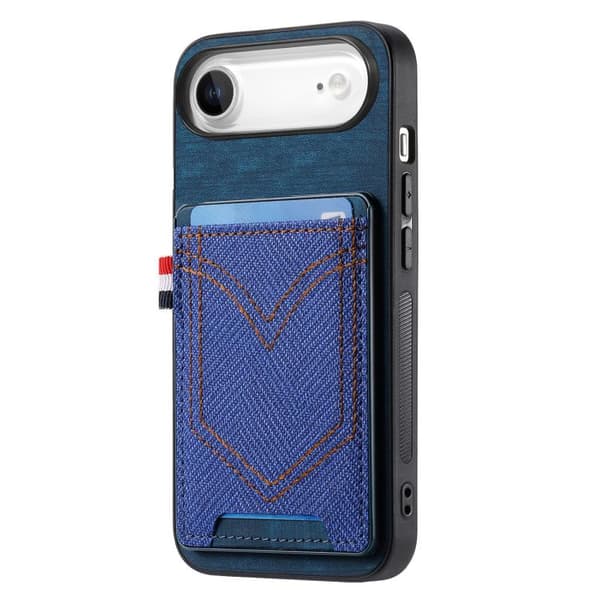 iPhone 17 Air Skal - Denim Textur Läder med Kortfack Blå
