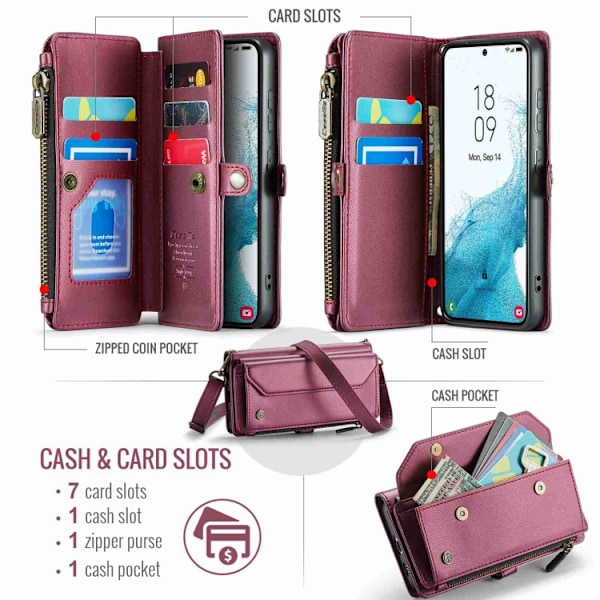 Samsung Galaxy S22 5G Skal CaseMe C36 med kortfack, dragkedja, RFID-skydd, läder Vinrött