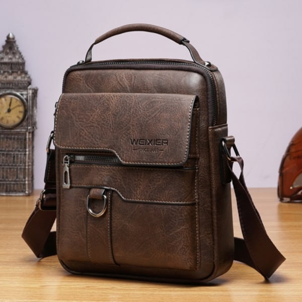 WEIXIER 8642 Herr Business Retro PU Läder Handväska Crossbody Väska Mörkbrun