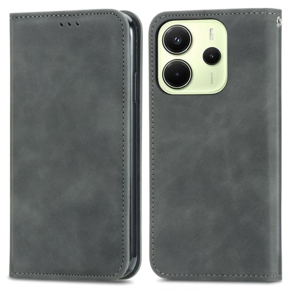 Redmi Note 14 4G - Retro Skinnkänsla Magnetisk Flip Läderfodral Grå