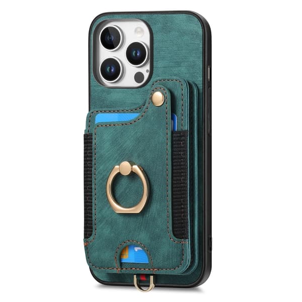 iPhone 16 Pro Retro Skinnkänsla Ring Multi-kort Plånboks Skal Grön