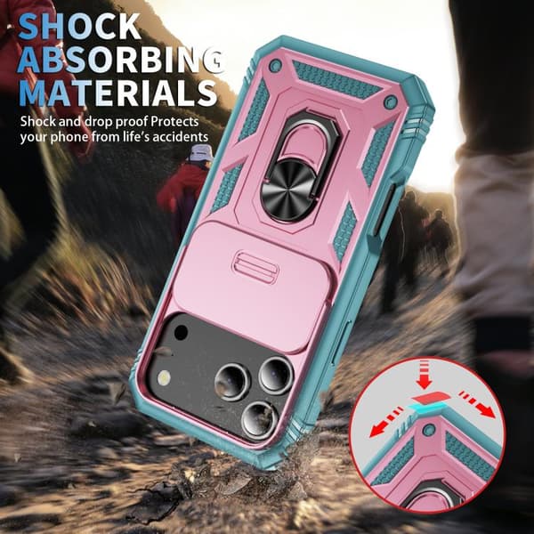 iPhone 18 Pro Max / iPhone 17 Pro Max Skal med Sliding Camshield TPU + PC och Hållare Rosa + Grön