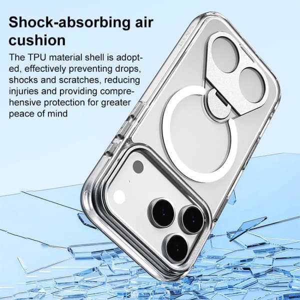 iPhone 18 Pro Max / iPhone 17 Pro Max Skal med Hög Transparent MagSafe TPU och 360 Graders Rotating Ringhållare Silver