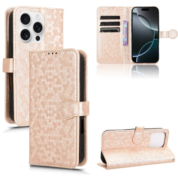 iPhone 16 Pro Max Skal Läder med Honungskombination Dot Textur Guld
