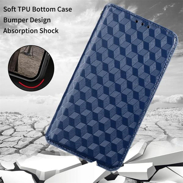 iPhone 16 Pro Max Cubic Grid Texture Skal Läder Fodral Blå