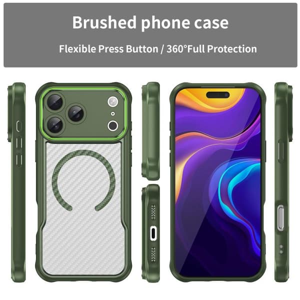 iPhone 18 Pro Max / iPhone 17 Pro Max Skal - kolfibertextur med MagSafe, genomskinlig Grön