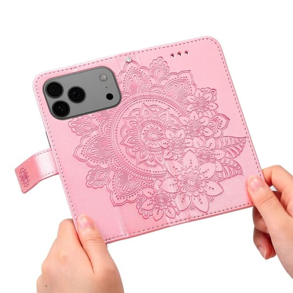 iPhone 18 Pro Max / iPhone 17 Pro Max Skal läderfodral med sju-petal blommor - relief Roséguld