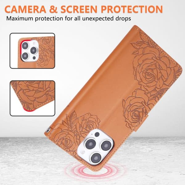 iPhone 16 Pro Skal Läder med Rosblommor och 3 Kortfack Brun