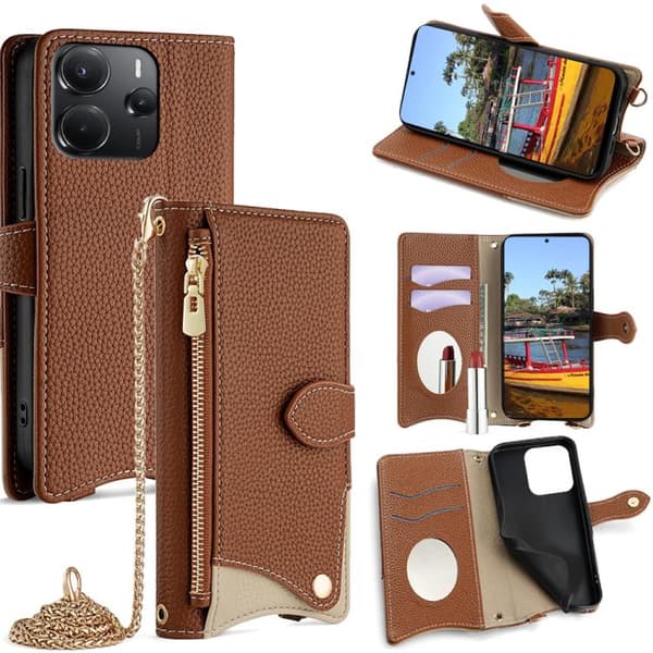 Redmi Note 14 4G - Fishtail Litchi Läderfodral med Korsband Brun