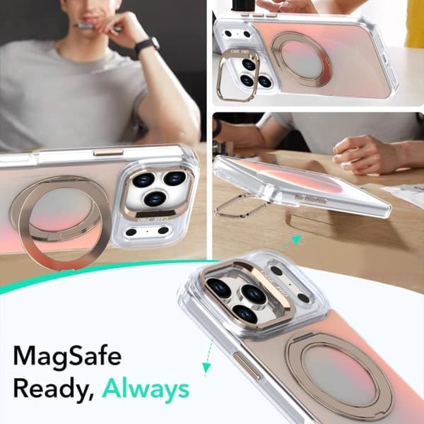 iPhone 18 Pro Max / iPhone 17 Pro Max Gradient Färgförändring Rotera Hållare Linse Kickstand Magsafe Skal Vit