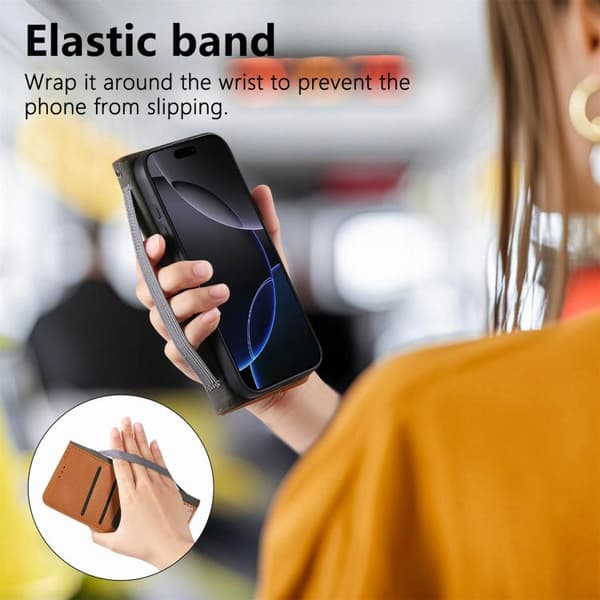 iPhone 17 Skal Läderfodral med Elastisk Handledsrem och Magnetisk Sugfunktion Brun