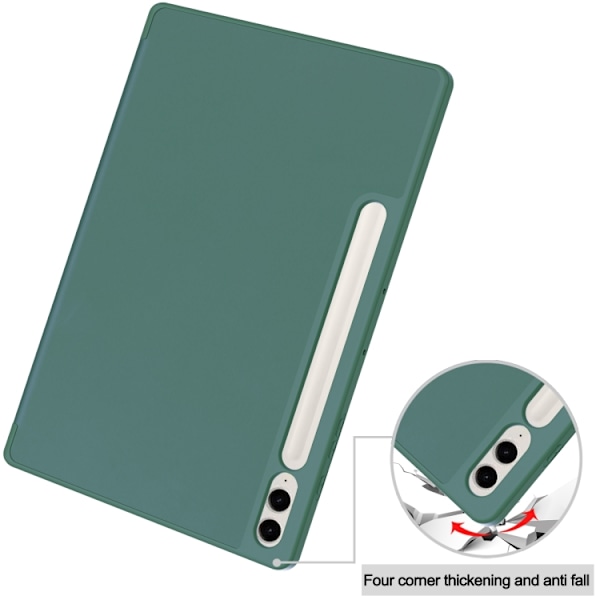 Samsung Galaxy Tab S9 FE+/S10+ Skal i TPU Smart Läder med Penna Fack - 3-Faldig Ren Färg Mörkgrön