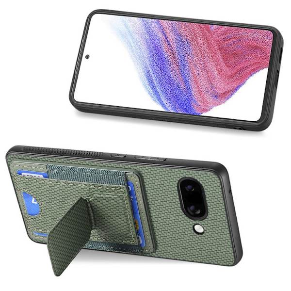 för Pixel 9a Skal med Kolfiber Fällbart Ställ och Elastisk Kortficka Grön