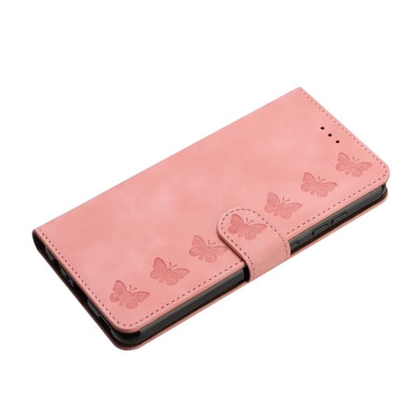 iPhone 18 Pro Max / iPhone 17 Pro Max Skal Läderfodral med Sju Präglingar av Fjärilar Rosa