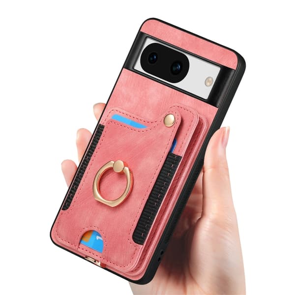 för Pixel 8a Skal med Retro Skin-feel och Ring, Multi-kort RFID Plånboksfodral Rosa