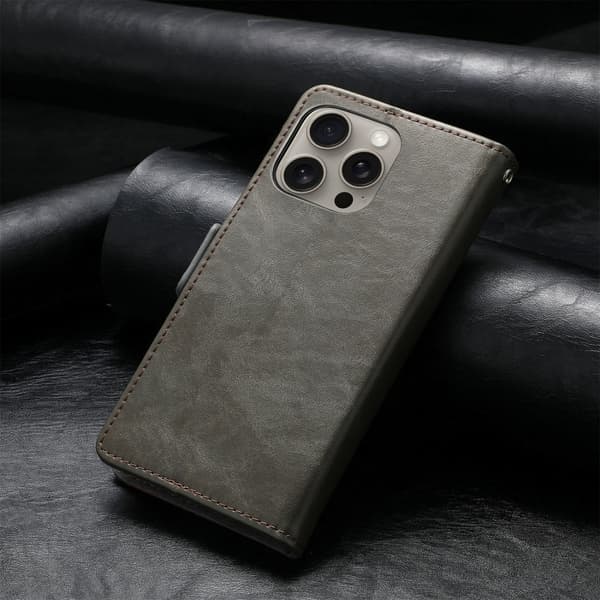 iPhone 16 Pro Max Skal - Neo Splicing Dubbel Magnetisk Spänne Läder Fodral Grå