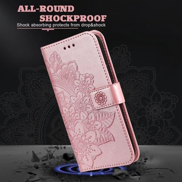 iPhone 18 Pro Max / iPhone 17 Pro Max Skal läderfodral med sju-petal blommor - relief Roséguld