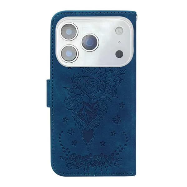 iPhone 18 Pro / iPhone 17 Pro Skal Läderfodral med Embossed Butterfly Rose Blå