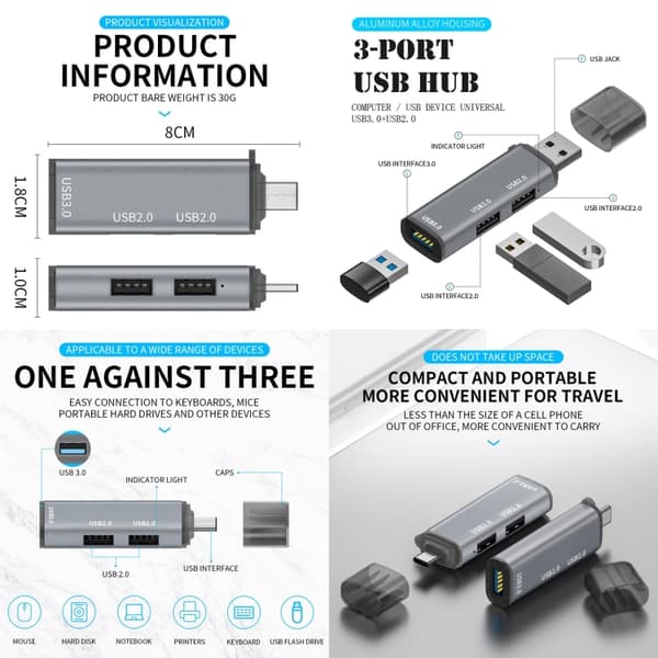 USB Hub Adapter med 3 portar (2 x USB 2.0 + USB 3.0 till USB-C) - Aluminiumlegering, Plug & Play