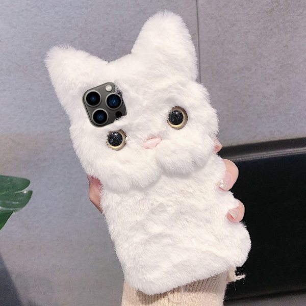 iPhone 16 Pro 3D Söt Katt Plush Full Coverage Skal Vit