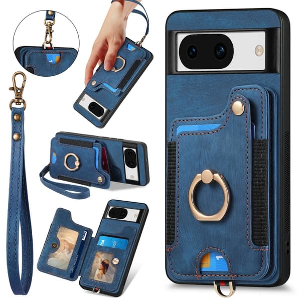 för Pixel 8a Skal med Retro Skin-feel och Ring, Multi-kort RFID Plånboksfodral Blå