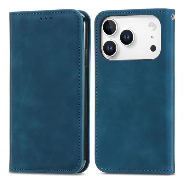 iPhone 18 Pro Max / iPhone 17 Pro Max Skal läderfodral med retro känsla och magnetisk flip Blå