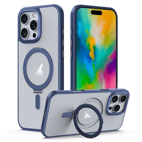 iPhone 16 Pro Max Skal med MagSafe, Stötsäker Frostad Design och Fällbart Stöd Blå